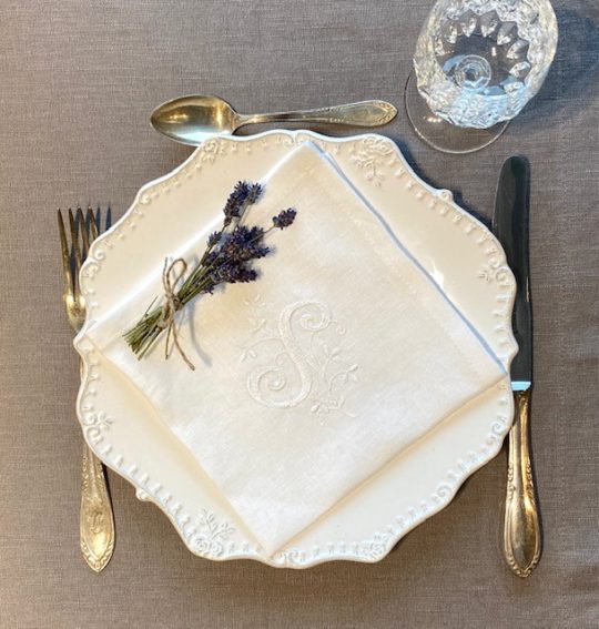 Serviette Leinen weiß Monogramm petits fleurs