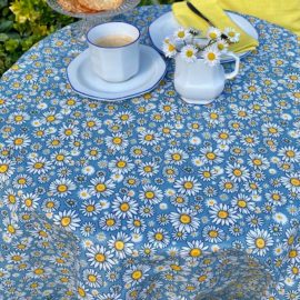 Tischdecke beschichtete Baumwolle mit Fleckenschutz rund blau Blumen