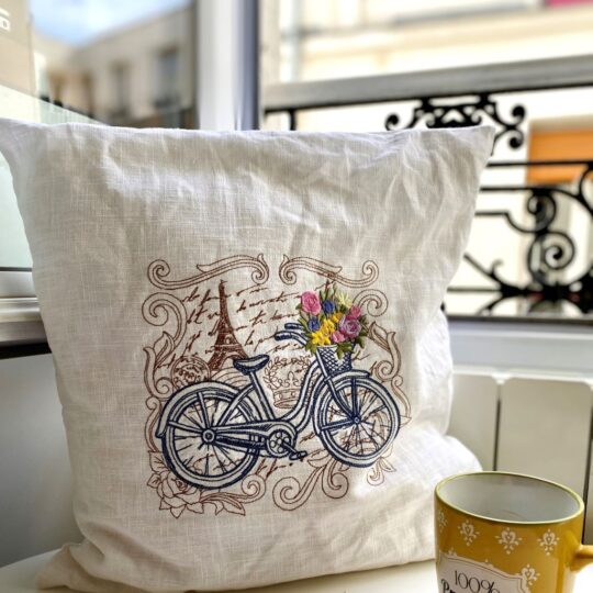leinen kissenbezug paris chic stickerei fahrrad mit blumen